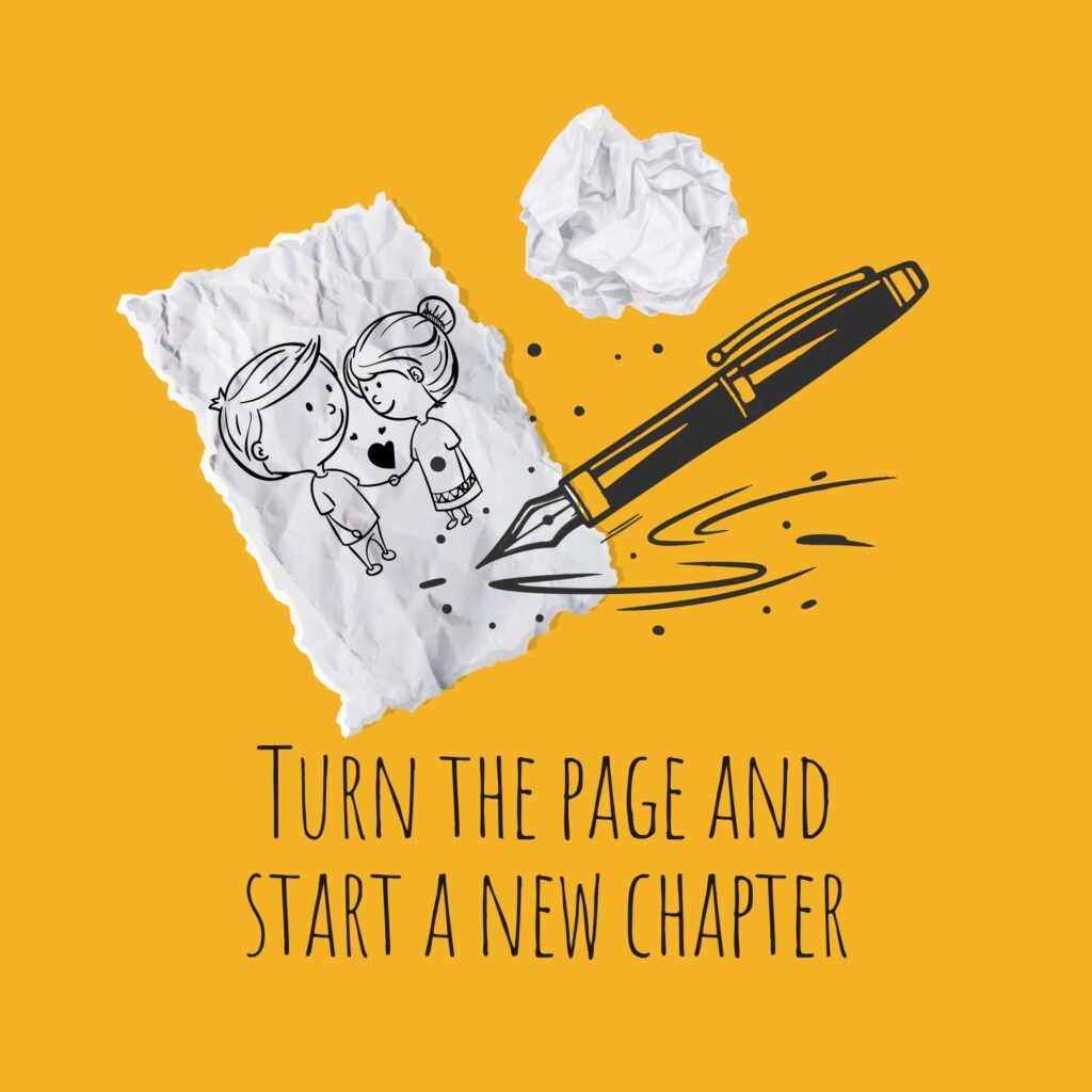 A pen drawing a cute couple on a piece of paper: Turn the page and start a new chapter.