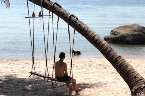 Hubi resting on a swing on the beach of Ko Tao - Hubiwise Travels